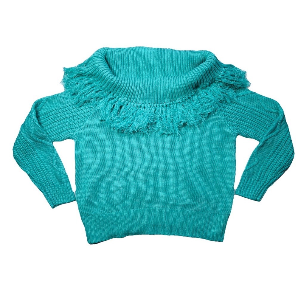 Rock & Roll Cowgirl Women's XL‎ Fringe Cowl Neck Chunky Knit Sweater Turquoise